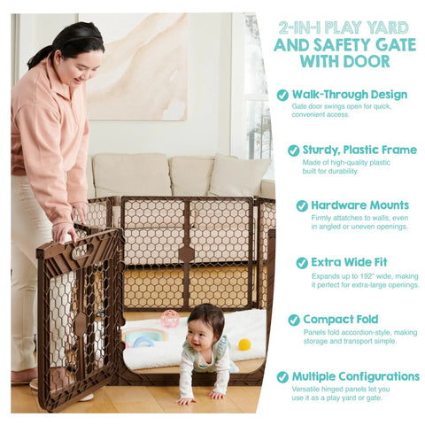 Mother setting up Super Wide 192 Inch Baby Gate And Play Yard System with toddler crawling, showing 2-in-1 design and sturdy frame.