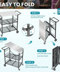 Sturdy Folding Outdoor Grill Cart With Locking Wheels Ready To Roll 27 By 18 Inch Stainless Steel Top 3 Shelf Rolling BBQ Stand Metal Portable Cart For Patio Camping And Pizza Oven Use Black, shown folded and unfolded