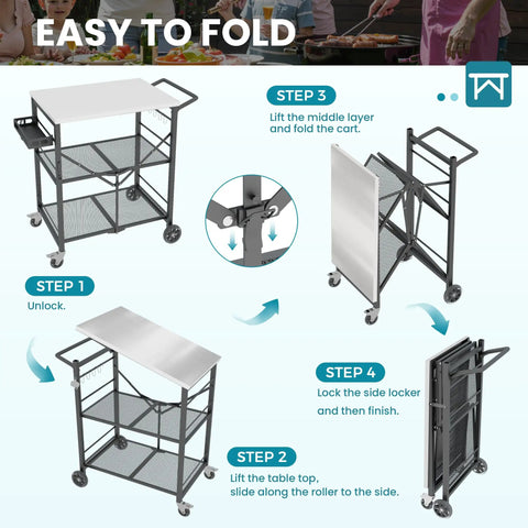 Sturdy Folding Outdoor Grill Cart With Locking Wheels Ready To Roll 27 By 18 Inch Stainless Steel Top 3 Shelf Rolling BBQ Stand Metal Portable Cart For Patio Camping And Pizza Oven Use Black, shown folded and unfolded