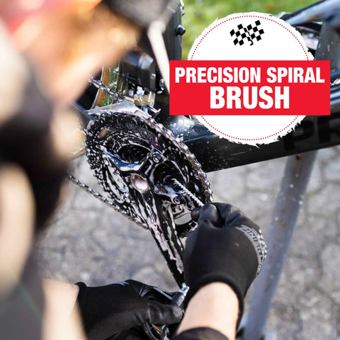 Mechanic using Precision Spiral Brush from Five-Piece Mechanic-Style Bicycle Cleaning Brush Set For Quick Pro-Grade Cleaning Chain Keeper Included