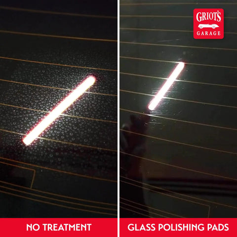 Comparison of untreated glass and 6 Inch Glass Polishing Pads Buffing Discs for Car Windows and Windshields, showing shine and clarity.