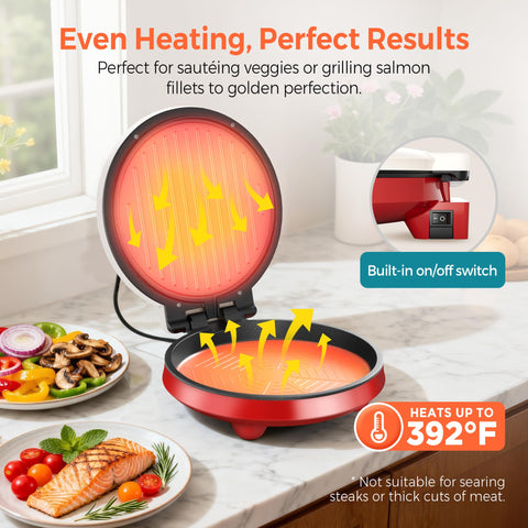 Cachoo 3-in-1 Electric Griddle And Sandwich Maker With Nonstick Coating And On Off Switch Foldable Design for even heating and easy meal prep.