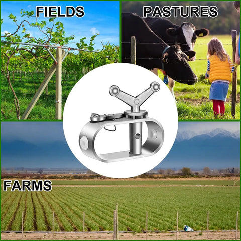 12 Pack Aluminum Electric Fence Wire Strainers And Tensioners for Farm Fencing shown in fields, pastures, and farms