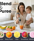 Woman using Boss 5 In 1 Immersion Hand Blender Set With 800W Copper Motor And Titanium Reinforced Blades to blend puree