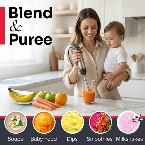 Woman using Boss 5 In 1 Immersion Hand Blender Set With 800W Copper Motor And Titanium Reinforced Blades to blend puree