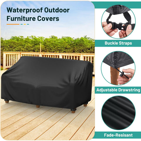 4 Piece Patio Furniture Cover Set Waterproof Outdoor Sofa 2 Chair Covers And Coffee Table Cover With Windproof Buckle Straps And Adjustable Drawstrings Black on deck