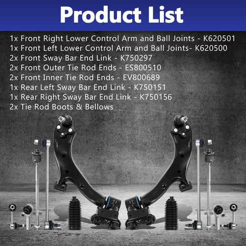 12 Piece Control Arm Replacement Kit With Ball Joint Tie Rod Boots And Sway Bar End Links For Honda CRV 2007 2011 Bolt On Suspension Upgrade shown with components visible