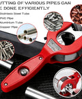 Front view of red ratcheting tubing cutter for copper and metal pipes, 5/16 to 1 1/8 inch capacity with deburring tool.