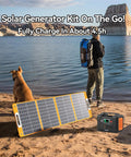 Grab And Go Solar Generator Bundle With Portable Power Station and Included Solar Panel on sandy beach with dog and lake.