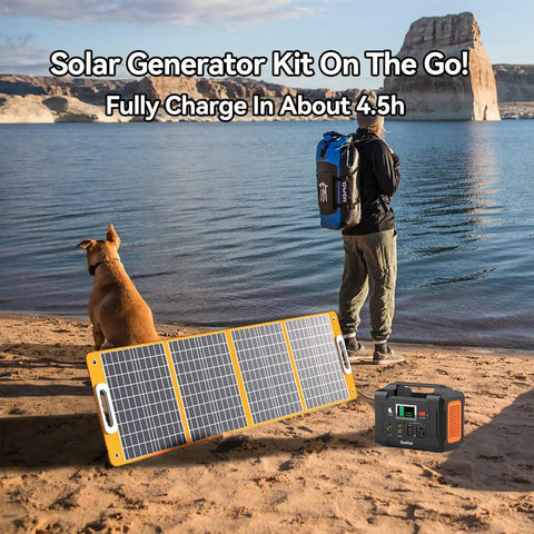 Grab And Go Solar Generator Bundle With Portable Power Station and Included Solar Panel on sandy beach with dog and lake.