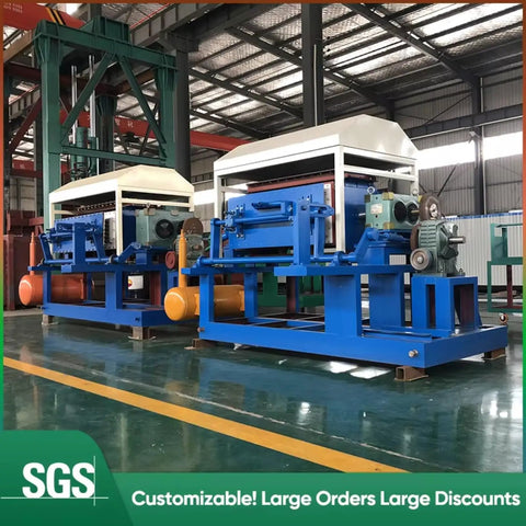 Commercial Paper Tray Machine With Automatic Pulp Molding Egg Carton Former in a factory setting, blue and white equipment visible.