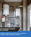 NMT NGR02-50 natural gas regulator assembly with metal piping and gauges in utility room.