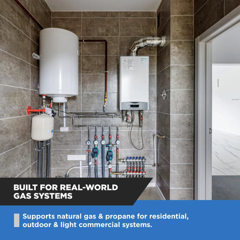 NMT NGR02-50 natural gas regulator assembly with metal piping and gauges in utility room.