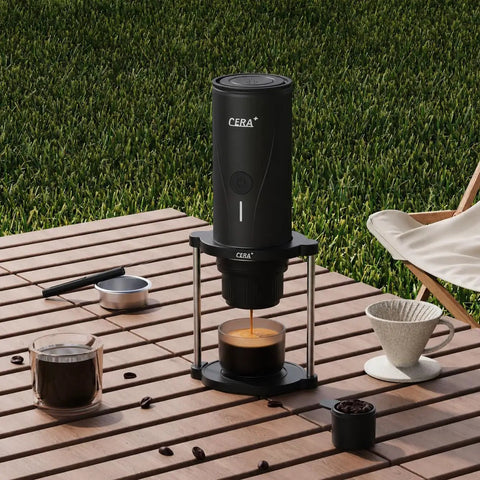 Proven Travel Espresso Stand And Universal Coffee Maker Rack With No Sweat Assembly For Drip Brewers And Portable Grinder Kits That Keeps Your Morning Brew Routine Fully Locked In on wooden table with grass background.