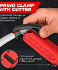 Professional Grade 2-in-1 Wire Stripper And Cable Cutter Tool With Spring Loaded Clamp, showing cutting depth adjuster and clamp grip.