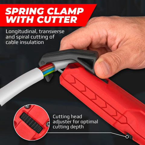 Professional Grade 2-in-1 Wire Stripper And Cable Cutter Tool With Spring Loaded Clamp, showing cutting depth adjuster and clamp grip.