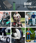 Universal 42V 2A 7-In-1 Charger for 36V Li-Ion Scooters and E-Bikes with Multiple Plug Heads and Users Riding Devices
