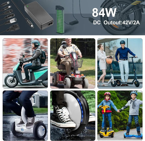 Universal 42V 2A 7-In-1 Charger for 36V Li-Ion Scooters and E-Bikes with Multiple Plug Heads and Users Riding Devices