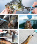 6 Piece Fishing Tools Kit With Pliers Fillet Knife Fish Lip Gripper Hook Remover Digital Fish Scale Line Snips Fly Fishing Retractor With Sheath And Lanyard A Solid Gift For Men Who Love Angling shown in use with fish