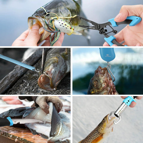 6 Piece Fishing Tools Kit With Pliers Fillet Knife Fish Lip Gripper Hook Remover Digital Fish Scale Line Snips Fly Fishing Retractor With Sheath And Lanyard A Solid Gift For Men Who Love Angling shown in use with fish
