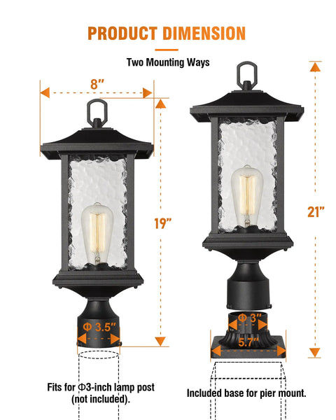 Outdoor Dusk to Dawn Post Light 21 Inch Exterior Lamp Post Lantern With Pier Mount Base Black Cast Aluminum And Water Glass