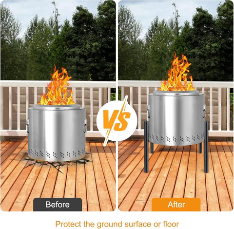 Comparison of fire pit before and after using Sturdy Stainless Fire Pit Stand 15 to 27 Inches for outdoor fire pits and camping stoves.