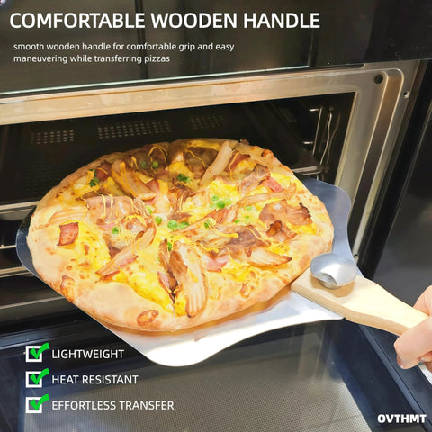 OVTHMT pizza peel with foldable wooden handle and aluminum blade, 12 x 14 in, for transferring pizzas from oven.