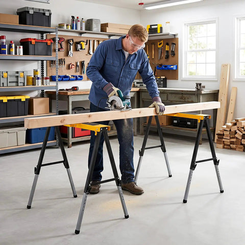 Man using Badass 2 Pack Folding Sawhorse 660 Lb Heavy Duty Metal Work Stands to cut lumber in a workshop.