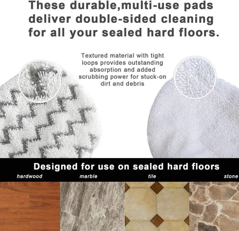 Close-up of microfiber and scrubby pads from Four Pack Replacement Pads For PowerFresh Steam Mop By Bissell, Fits 1940 1440 1806 Series, Compatible With 5938 And 203-2633, Ultra Absorbent Hard Floor Mop Pads That Click On Fast, with text on sealed hard floor usage.