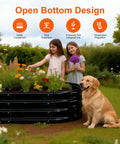 Two Pack Raised Garden Bed Oval Metal Planter Boxes GRS Certified Recycled Metal Rust Resistant with children and dog in garden.