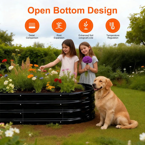Two Pack Raised Garden Bed Oval Metal Planter Boxes GRS Certified Recycled Metal Rust Resistant with children and dog in garden.