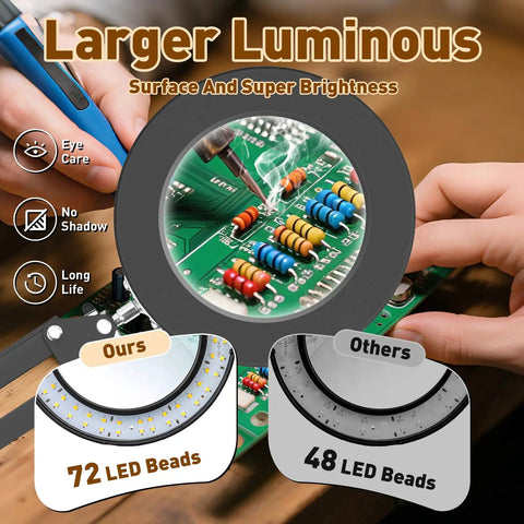 10X LED Magnifying Lamp With Clamp Real Glass Lens 3 Color Modes And Stepless Dimmable Desk Light For DIYers Close-up of circuit board