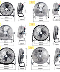 Heavy Duty Standing Fan With Badass Cooling Power And Smooth Airflow Design Crushing Summer Heat For Bedrooms Garages Workshops Warehouses Or Home Gyms In Matte Black with different sizes displayed