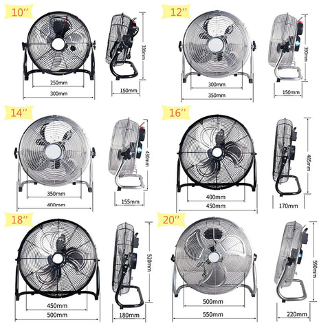 Heavy Duty Standing Fan With Badass Cooling Power And Smooth Airflow Design Crushing Summer Heat For Bedrooms Garages Workshops Warehouses Or Home Gyms In Matte Black with different sizes displayed