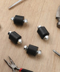Four Pack Rubber Isolator Mounts For Fitness Equipment 25x27mm M8 Anti Vibration Pads With M6x16mm Studs Beefy Heavy Duty Shock Absorber Mounts To Cut Noise Vibration And Wear In Home Gyms And Machines, four rubber mounts on wood