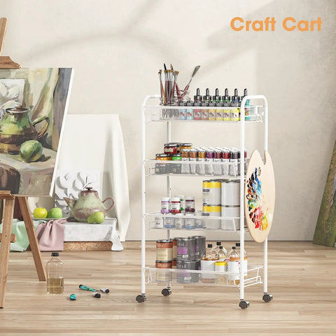 Four Tier Rolling Metal Cart With Three Hooks, Easy Assembly Mobile Storage Trolley With Paints And Brushes, For Kitchen, Bathroom, Laundry Room, Durable Utility Shelving Unit For Tools, Groceries, Books, And More.