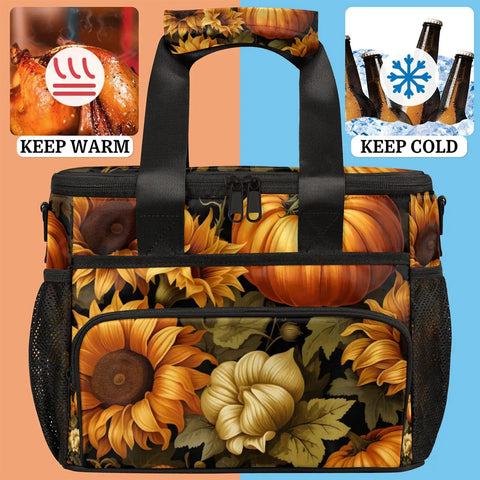 Insulated Picnic Backpack and Lunch Box Set With Spacious Tote Pumpkin Sunflower Theme Portable Lunch Bag for Women and Men