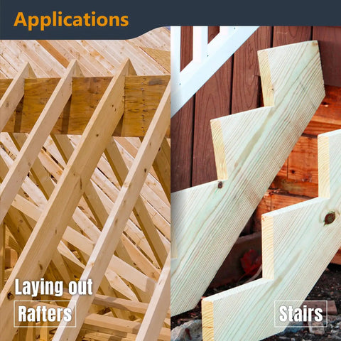 Built Tough 16 X 24 Inch Steel Framing Square Featuring Etched Rafter Tables And Sharp Measurement Lines For Skilled Carpenters And DIY Builders Who Demand Dead On Accuracy On Every Project From Stairs To Trusses, shown in use for laying out rafters and stairs.