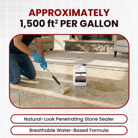 Person applying Premium Water Based Penetrating Stone Sealer For Marble Granite Travertine Limestone And Grout Joints with a roller.