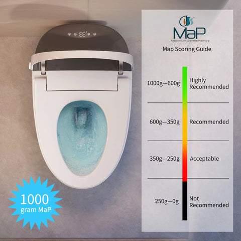 Slick No Sweat Smart Toilet With Built In Bidet Sprayer, top view showing performance rating and flushing capability.