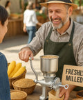 Manual Hand Crank Grain Mill Grinder For Fresh Flour In Minutes With Durable Iron Construction displayed on a countertop.