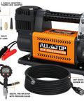 Heavy Duty 12V Portable Air Compressor With Digital Pressure Gauge Tire Inflator Kit, includes power cord and air hose.
