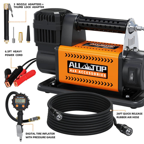 Heavy Duty 12V Portable Air Compressor With Digital Pressure Gauge Tire Inflator Kit, includes power cord and air hose.