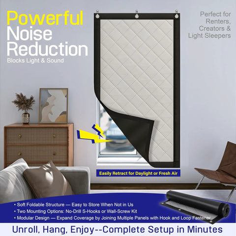 Straight Up Premium Soundproof Curtains For Bedroom, Heavy Duty Acoustic Wall Coverings, Thick Noise Blocking Drapes, Waterproof Blackout Panels, Rock Solid Gear For Home Studio, quilted sound dampening drape in modern setting.
