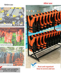 Heavy Duty Life Vest Holder Rack With Smooth Locking Wheels, showcasing tidied versus cluttered life vest arrangement.