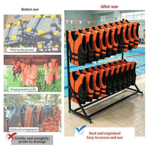 Heavy Duty Life Vest Holder Rack With Smooth Locking Wheels, showcasing tidied versus cluttered life vest arrangement.