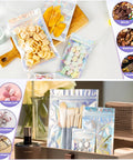 Holographic Packaging Bags 3.1x4.7 Inch Resealable Foil Mylar Pouches filled with snacks and cosmetics