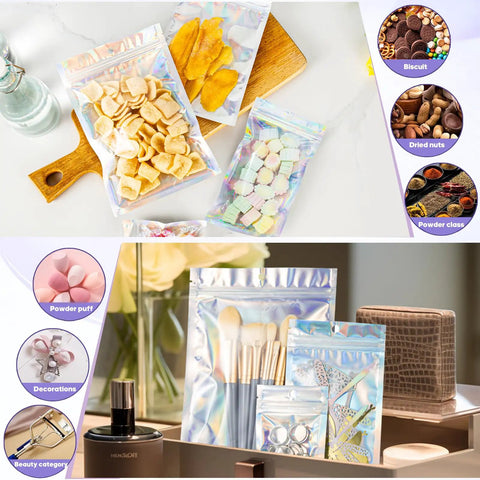 Holographic Packaging Bags 3.1x4.7 Inch Resealable Foil Mylar Pouches filled with snacks and cosmetics