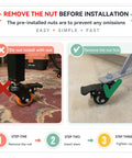 Installation guide showing Rock Solid Five Inch Polyurethane Swivel Caster Wheels Set Of Four With M10 Threaded Stem.