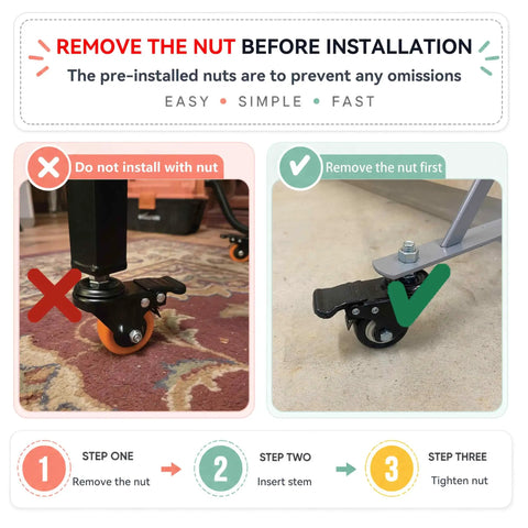 Installation instructions for 3 Inch Swivel Caster Wheels Featuring M8 Threaded Stem And Reliable Side Lock Brakes with visual examples.